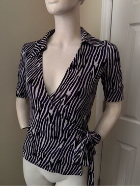 Diane Von Furstenberg purple and White Zebra-Print Wrap Blouse